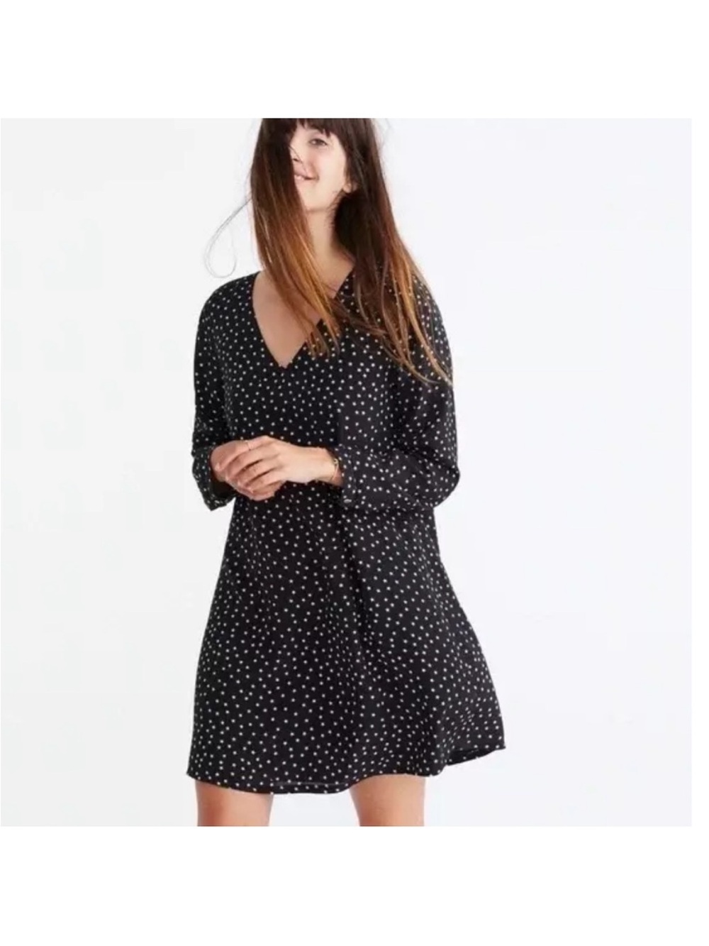 Madewell 100% Silk Star Print Shift Dress Black Long Sleeve XS